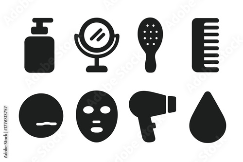 Personal Care Icons. Personal care. Filled icon set of personal care: lotion bottle, mirror, brush, comb,