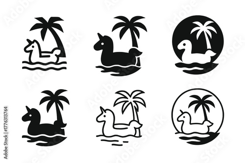 Unicorn Float Logos. Floating on an inflatable. Set Logo of Floating on an inflatable: unicorn float drifting near palm tree shadow. Icon set. harmonious logo