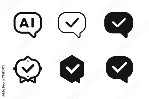 AI Logo Variations. AI realism. Set Logo of AI realism: Turing test chat bubbles with check. Icon set. harmonious logo variations of the same emblematic