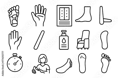 Reflexology Icon Set. Reflexology. Line icon set of reflexology: foot map, hand map, reflex points, chart, foot, hand, massage stick, lotion bottle, chair,