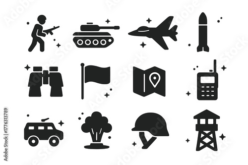 Military Icon Set. Military Advance. Solid icons set of Military Advance: soldier, tank, jet, missile, binoculars, flag, map, radio, armored vehicle,