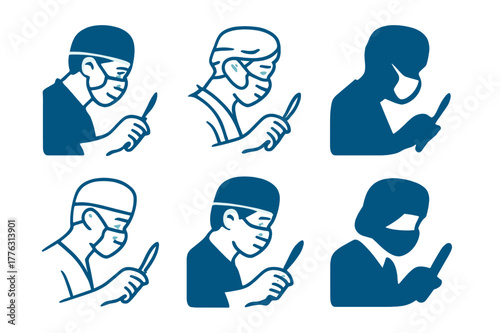 Surgeon Logo Variations. Surgeons performing medical procedures. Set Logo of Surgeons performing medical procedures: masked surgeon profile with scrub cap.