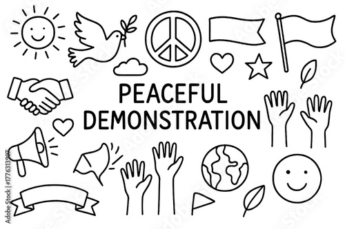 Peaceful Demonstration Icons. Peaceful demonstration. Hand-drawn doodle illustration Peaceful demonstration dove, peace sign, banner, heart, handshake, star,