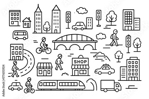 City Doodle Icons. City. Hand-drawn doodle illustration City skyscrapers, cars, buses, bicycles, pedestrians, roads, traffic lights, buildings,