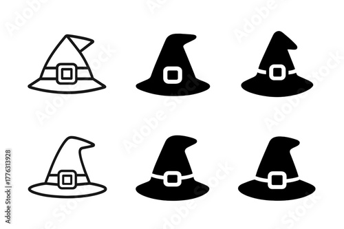 Halloween Logo Variations. Halloween parties and decorations. Set Logo of Halloween parties and decorations: witch hat with buckle. Icon set. harmonious logo