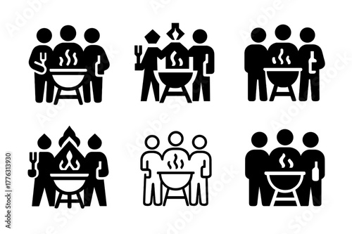 Friends BBQ Logo Set. Friends gathering. Set Logo of friends gathering: backyard BBQ grill with people around. Icon set. harmonious logo variations of the same