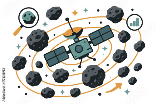 Asteroid Belt Exploration. Asteroid belt studies. Space probe mapping asteroid belt with abstract floating orbit lines, asteroids, and sparkles; conveys