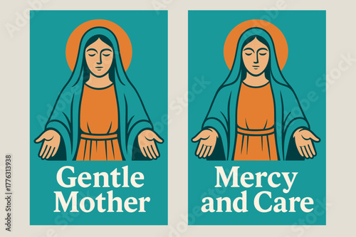 Gentle Mother Banners. Mother of Mercy. Two vertical A6 banners with safe margins, centered composition, no elements touching edges, modern, turquoise and