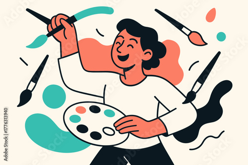 Vibrant Painting Freedom. A person engaging in a creative activity, painting with vibrant colors, surrounded by floating brushes, and a colorful palette, with
