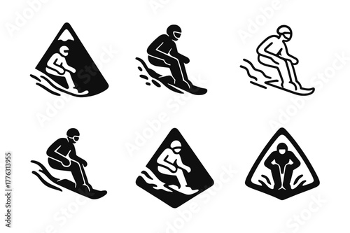 Volcano Boarding Logos. Volcano boarding. Set Logo of Volcano boarding: rider carving ash slope. harmonious logo variations of the same emblematic concept,