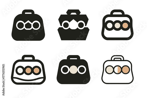 Makeup Trio Logo Set. Blush, highlighter, and bronzer trio. Set Logo of Blush, highlighter, and bronzer trio: makeup pouch with trio pans peeking out. Icon