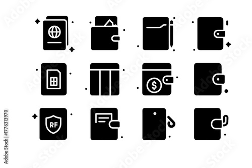 Travel Wallet Icons. Travel wallets and organizers. Solid icons set of travel wallets and organizers: passport slot, boarding pass sleeve, ticket holder, pen