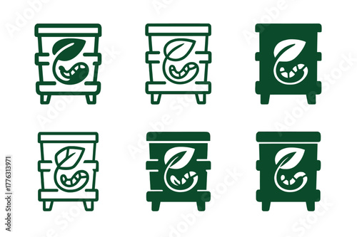 Compost Logo Variations. Composting and waste reduction methods. Set Logo of composting and waste reduction methods: worm composting bin. Icon set. harmonious