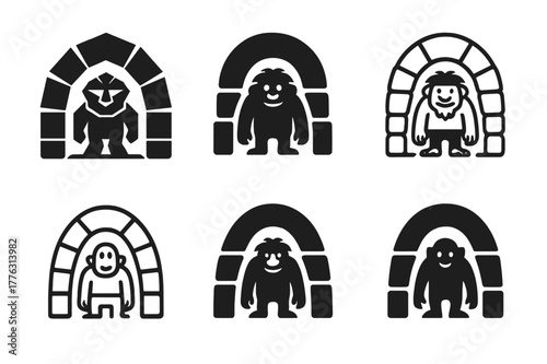 Fairy-Tale Creature Logos. fairy-tale creatures. Set Logo of fairy-tale creatures: Troll under bridge arch. Icon set. harmonious logo variations of the same