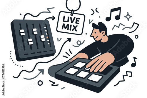Dynamic Soundboard Action. Soundboard & production. Faders glide as colored LEDs hop to the beat; ?Live mix? tag hangs on a cable. A hand taps a pad that