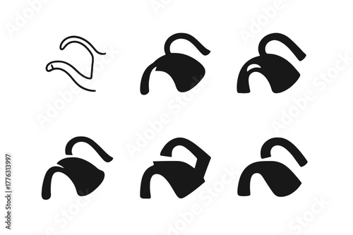Kettle Spout Logos. tea kettle spout. Set Logo of tea kettle spout: curved gooseneck pouring arc. Icon set. harmonious logo variations of the same emblematic