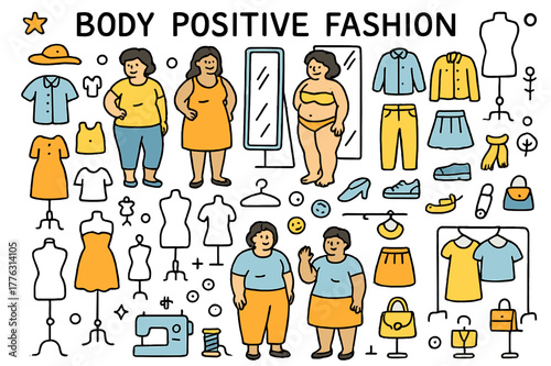 Diverse Fashion Doodles. Body positive fashion. Hand-drawn doodle illustration dresses (colored), shirts (colored), pants (colored), skirts (colored), jackets