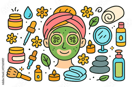 Colorful Facial Care Doodles. rejuvenating facial. Colorful Hand-drawn doodle Children illustration rejuvenating facial face mask, cucumber slices, headband,