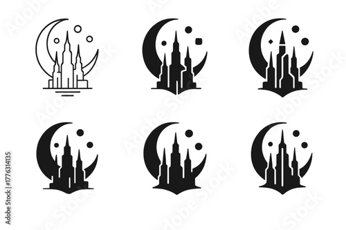 Mystical City Logos. A mystical city with towering spires and floating orbs of light. Set Logo of A mystical city with towering spires and floating orbs of