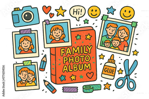 Doodle Family Memories. Family photo album. Colorful Hand-drawn doodle Children illustration Family photo album scrapbook, stickers, camera, hearts, Polaroid