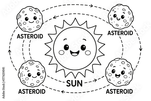 Asteroid Orbit Coloring. Asteroid orbit map children?s coloring book illustration, outlined drawing, dotted path lines around the Sun with labeled cute