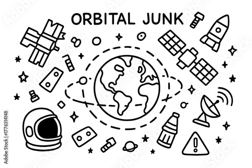 Orbital Junk Doodle. Orbital junk. Hand-drawn doodle illustration orbital junk satellites, bolts, metal plates, rocket parts, Earth orbit, radar dish, warning