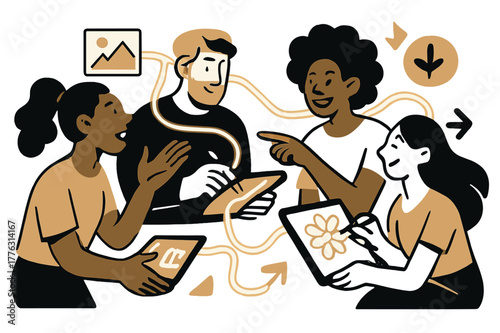 Creative Mural Planning. Community design meeting. Artists and residents planning mural sketches on digital