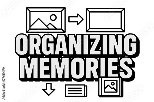 Organizing Memories Typography. Bold Block Lettering ? "Organizing Memories" in massive bold geometric letters, stacked block composition, heavy outlines with