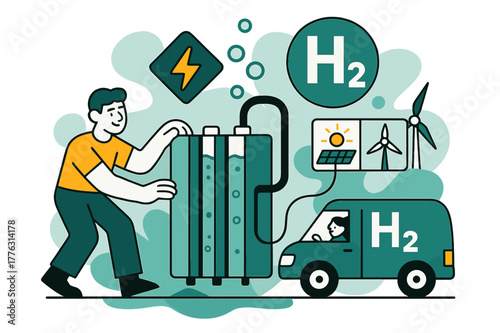 Green Hydrogen Illustration. Green Hydrogen Production. Electrolyzer stacks hum; bubbles lift into an ?H?? badge while a lightning icon feeds from solar and