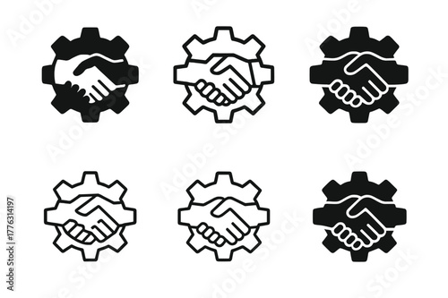 Innovation Logos Grid. Startups and innovation. Set Logo of startups and innovation: handshake forming a gear. Icon set. harmonious logo variations of the same