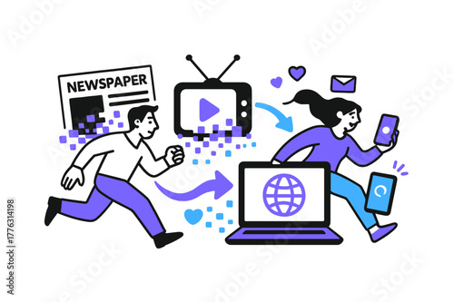 Digital Media Evolution. Impact of the internet on traditional media industries. A newspaper and TV screen