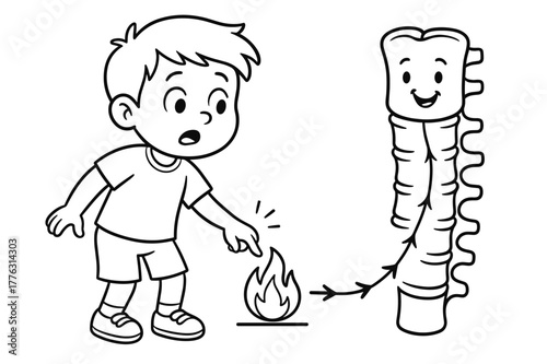 Reflex Action Coloring Page. Reflex action children?s coloring book illustration, outlined drawing, a cartoon kid touching something warm while a neuron signal