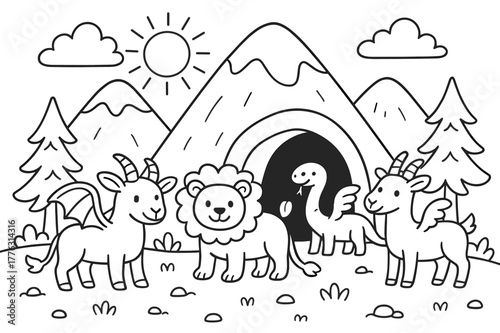 Chimera Mountain Coloring Page. Mythical habitats children?s coloring book illustration, outlined drawing, a soft mountain landscape with a cave and trees