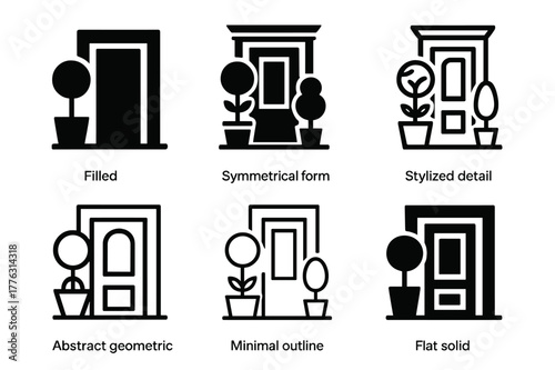 Topiary Logo Variations. Property landscaping and curb appeal. Set Logo of property landscaping and curb appeal: topiary tree in planter beside an entryway.