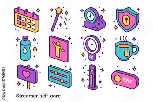 Streamer Self-Care Icons. Streamer self-care. Colorful isometric vector icons set of Streamer self-care: stream schedule calendar, chat moderator wand, slow