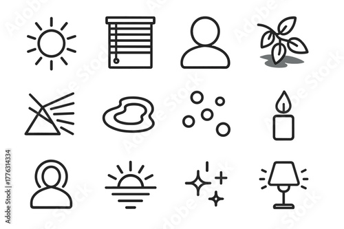 Light and Shadow Icons. Light and Shadow. Line icon set of Light and Shadow: sunbeam, window blinds, silhouette, shadow of leaves, prism rainbow, reflection