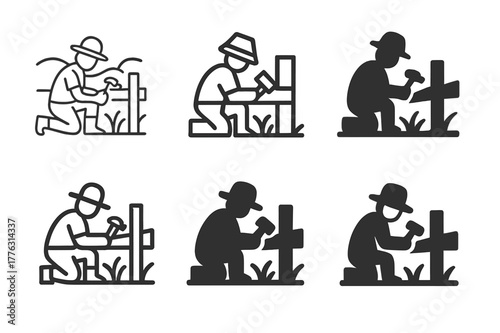 Fence Repair Logos. A farmer repairing a wooden fence in a field. Set Logo of A farmer repairing a wooden fence in a field: wooden plank being fixed to post.