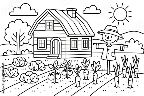 Farmhouse Coloring Page. Country farmhouse garden children?s coloring book illustration, outlined drawing, farmhouse with vegetable garden and scarecrow,