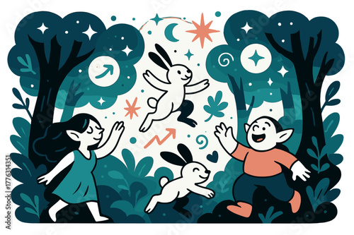 Enchanted Forest Magic. Enchanted forest. Glowing magical lights floating between trees, whimsical creatures,