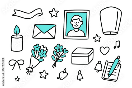 Memory Ritual Symbols. // Memory ritual. Hand-drawn doodle illustration Memory ritual [candle (accented), photo frame (accented), bouquet (accented), ribbon,