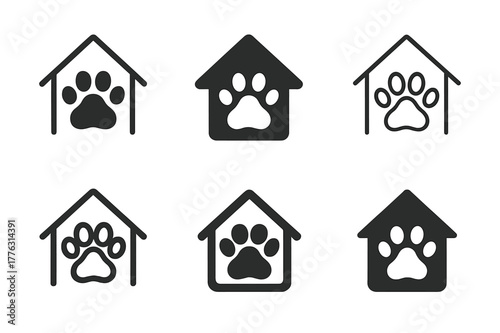 Pet Adoption Logos. Pet adoption services and advocacy. Set Logo of Pet adoption services and advocacy: shelter roof over paw. Icon set. harmonious logo
