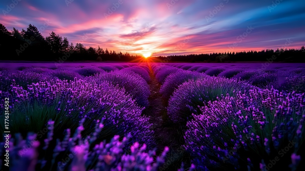 Naklejka premium Vibrant purple lavender field at sunset with dramatic colorful sky and sun rays over forest silhouette, creating atmospheric rural landscape.