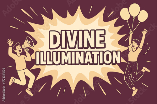 Joyful Celebration Banner. Divine illumination banner, flat vector illustration, bold oversized text inside comic burst, cartoon characters jumping and