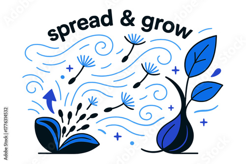 Seeds in Motion. Seeds ? Wind Scatter. Light gusts lift seeds from a pod; spiral lines mark flight paths. Text ?spread & grow? arcs through the breeze. Modern