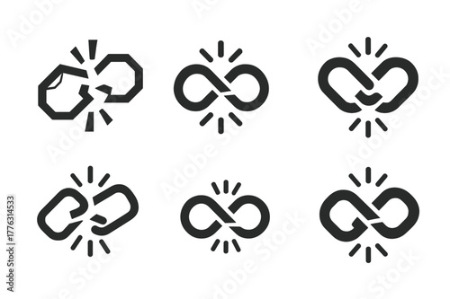 Supply Chain Logos. Supply chain loss. Set Logo of Supply chain loss: severed link in chain. harmonious logo variations of the same emblematic concept, each