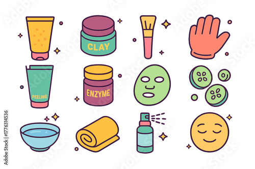 Skincare Essentials Icons. Exfoliation and masks. Colorful isometric vector icons set of Exfoliation and masks: face scrub tube, clay mask jar, brush