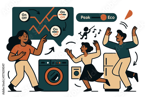 Smart Grid Dynamics. Smart grid & demand response. A map lights up with zigzag routes as meters wink ?On/Off?; a slider nudges from ?Peak? to ?Eco?. Appliances
