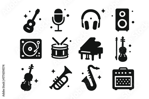 Music Icons Grid. Music and Audio Equipment. Solid icons set of Music and Audio Equipment: guitars, microphones, headphones, speakers, turntables, drums,