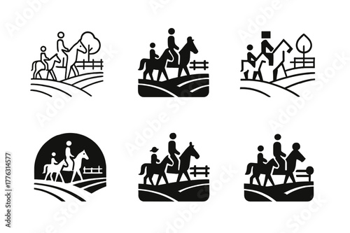 Horseback Family Icons. A family riding horses through a farm?s open pasture. Icon set. Set Logo of a family riding horses through a farm?s open pasture: three