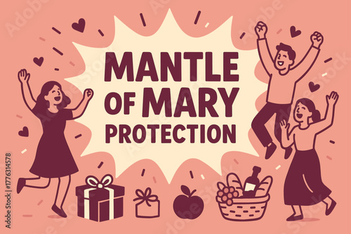 Mantle of Mary Celebration. Mantle of Mary (Protection) banner, flat vector illustration, bold oversized text inside splash explosion, cartoon characters